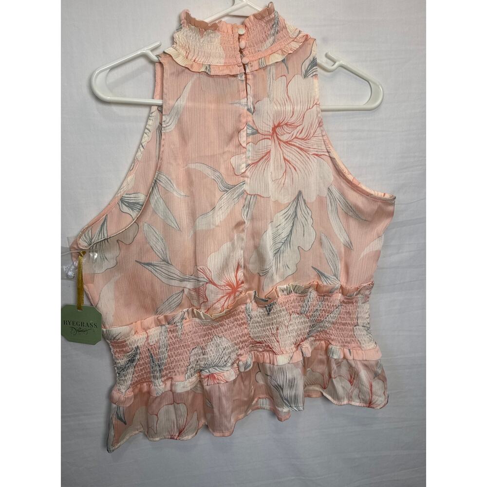 Ryegrass NWT Floral High Neck Smocked Peach Peplum Blouse Women’s Large - Picture 5 of 8